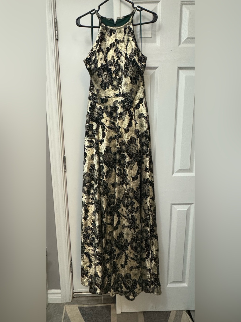 Gold and Black Floral Halter Maxi Dress